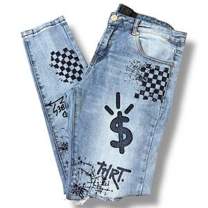 Vintage THRT Denim Light Blue Wash Jean waist 34 Graffiti Splatter Bolts Money